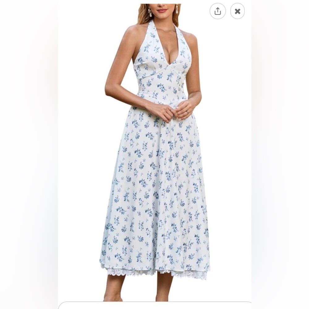 Elegant Blue and White Floral Halter V-Neck Maxi Dress
